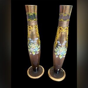 Vintage Amethyst Bud Vase Pair hand painted Bohemian style. CC